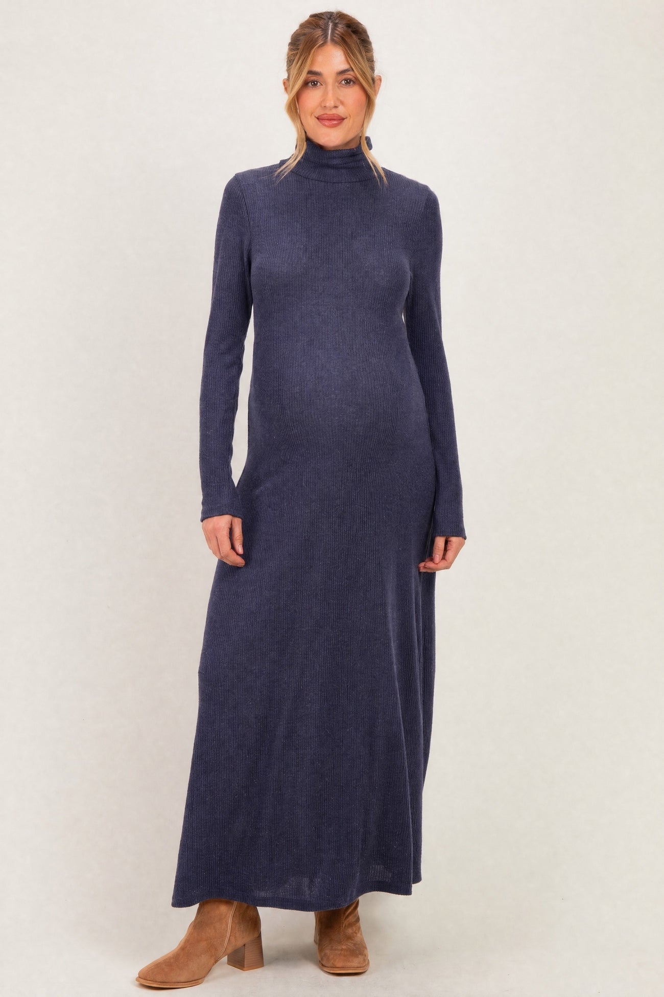 Navy Turtleneck Long Sleeve Maternity Maxi Dress