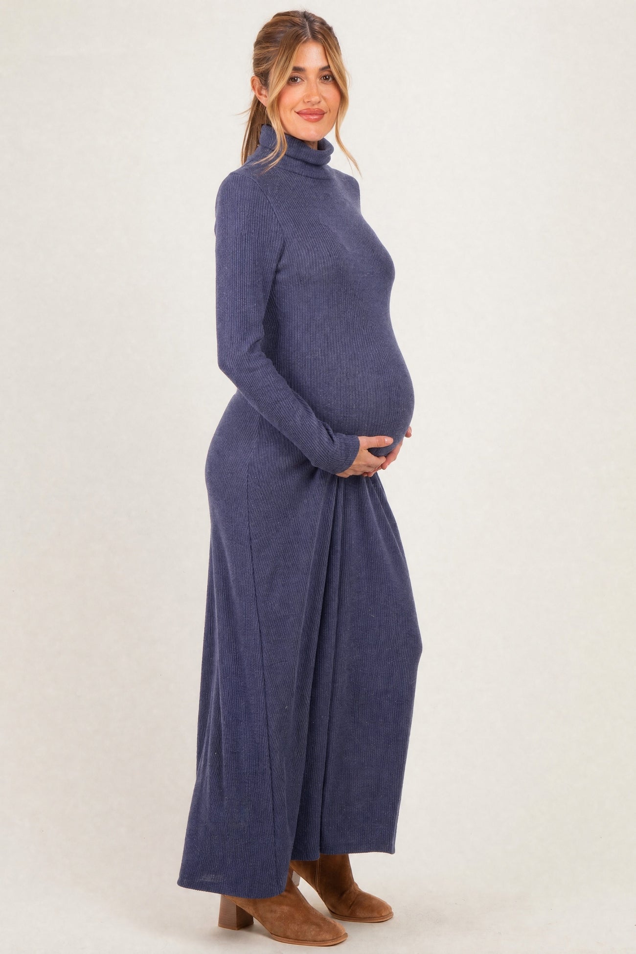 Navy Turtleneck Long Sleeve Maternity Maxi Dress