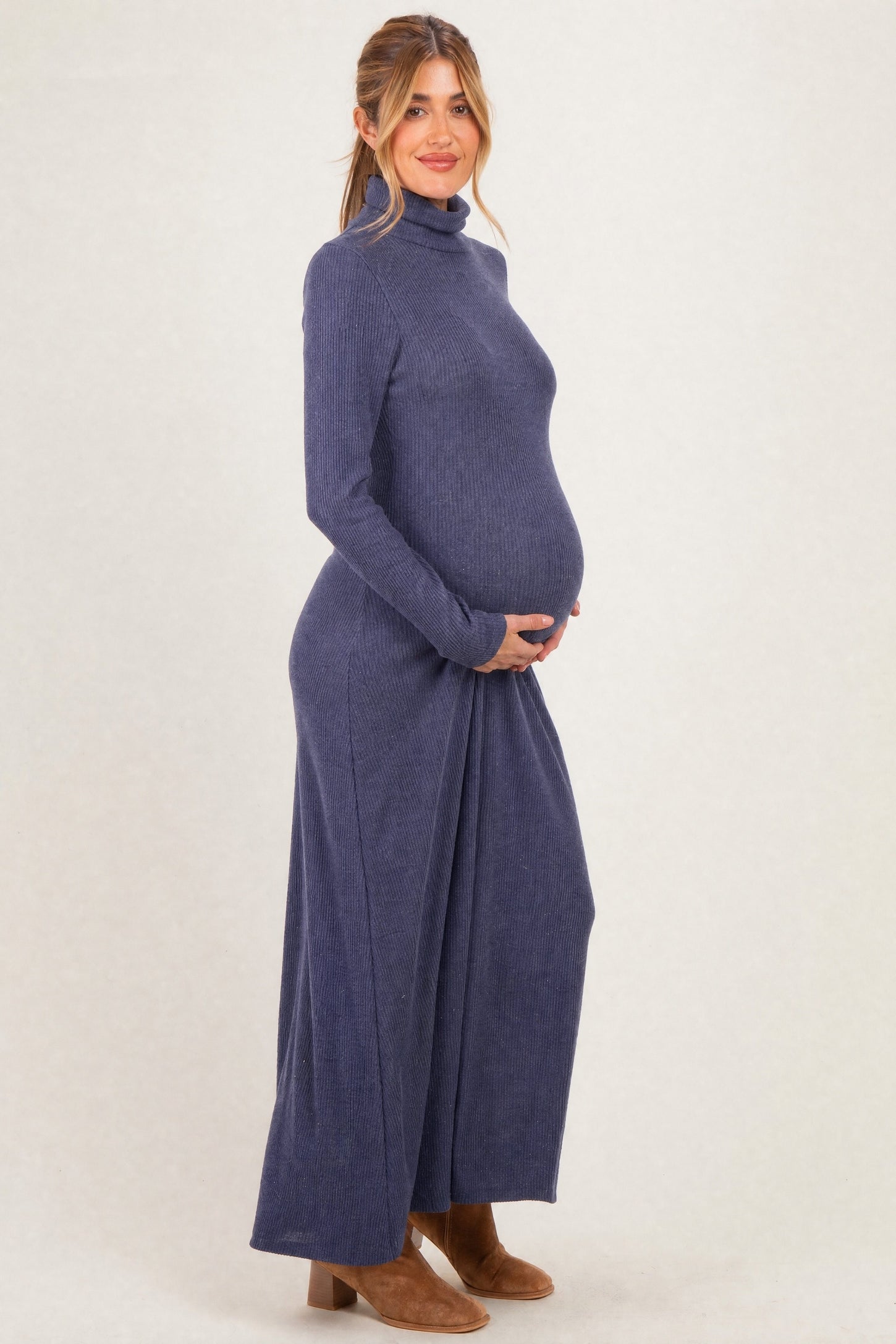 Navy Turtleneck Long Sleeve Maternity Maxi Dress