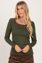 Olive Lettuce Hem Fitted Long Sleeve Maternity Top