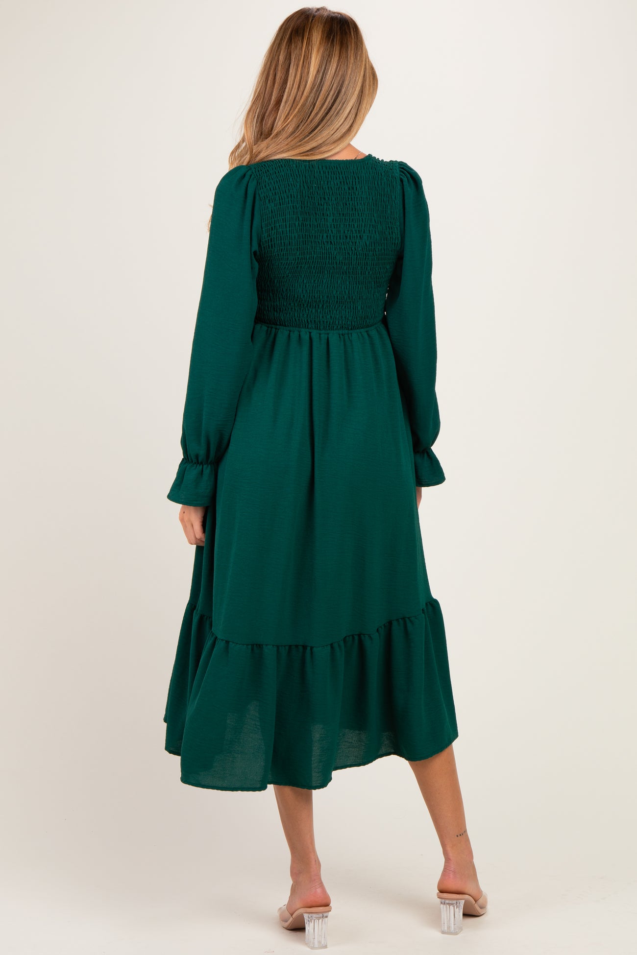 Hunter Green Smocked Top Long Sleeve Ruffle Hem Maternity Midi Dress