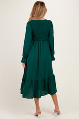 Hunter Green Smocked Top Long Sleeve Ruffle Hem Maternity Midi Dress