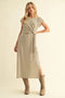 Brown Striped Gathered Waist Side Slit Midi Dress