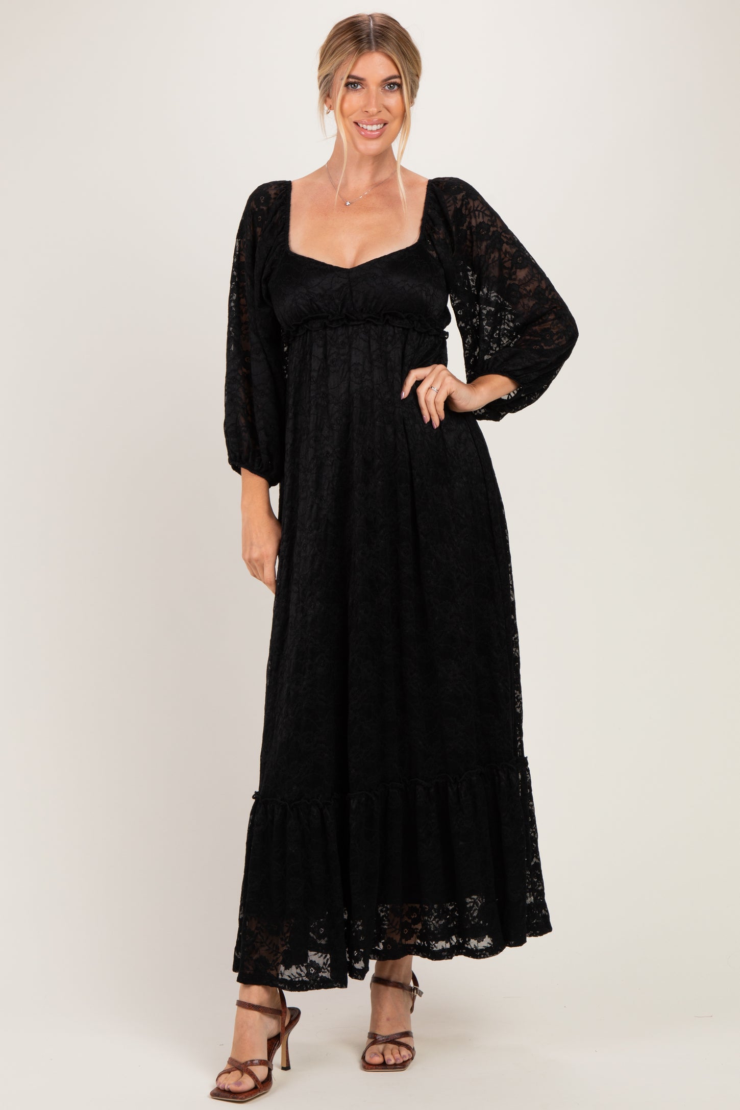 Black Lace Long Sleeve Maternity Maxi Dress