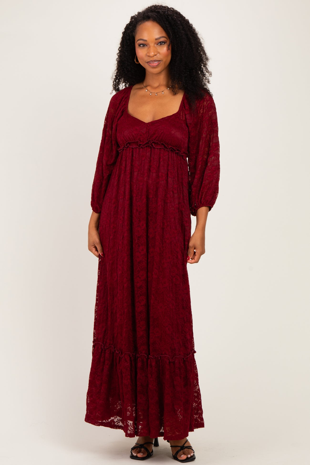 Burgundy Lace Long Sleeve Maternity Maxi Dress