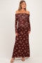 Burgundy Floral Mesh Off Shoulder Long Sleeve Maternity Maxi Dress