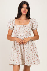Oatmeal Floral Puff Sleeve Square Neck Maternity Mini Dress