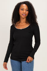 Black Ribbed Rosette Trim Detail Maternity Long Sleeve Top