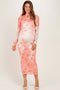 Peach Floral Long Sleeve Mesh Maternity Midi Dress