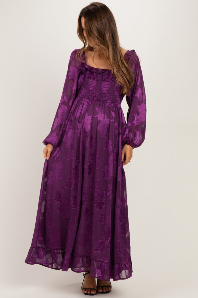 Plum Jacquard Smocked Ruffle Maternity Maxi Dress