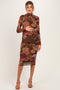 Brown Floral Print Mesh Maternity Midi Dress