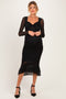 Black Ruched Ruffle Hem Maternity Midi Dress