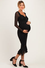 Black Ruched Ruffle Hem Maternity Midi Dress