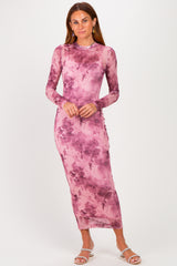 Light Pink Floral Mesh Long Sleeve Midi Dress