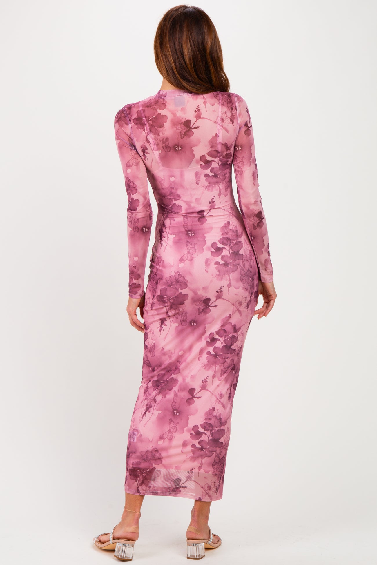 Light Pink Floral Mesh Long Sleeve Midi Dress