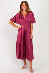 Dark Mauve V-Neck Satin Pleated Maternity Midi Dress
