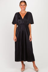 Black V-Neck Satin Pleated Maternity Midi Dress