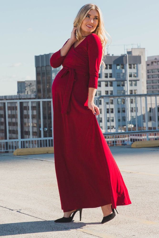 PinkBlush Burgundy Draped 3/4 Sleeve Maternity Maxi Dress