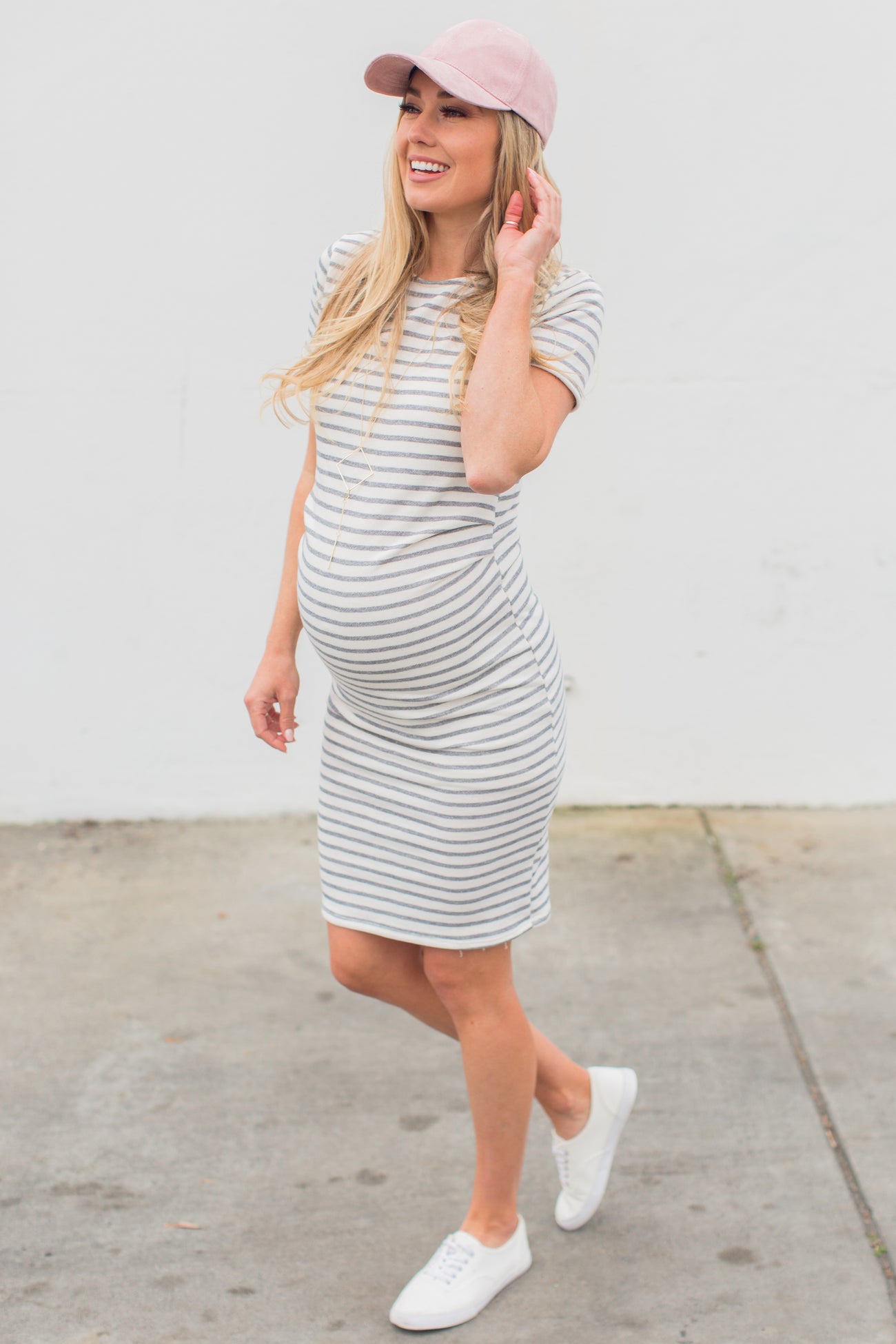 PinkBlush Ivory Grey Striped Fitted Short Sleeve Maternity Dress
