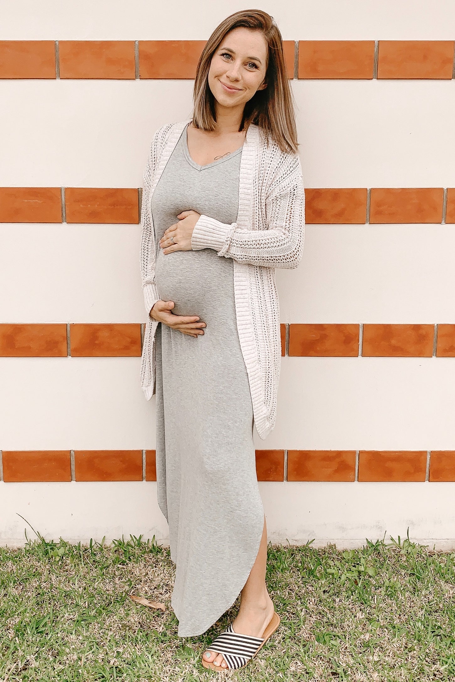 Grey Solid Short Sleeve Maternity Maxi Dress