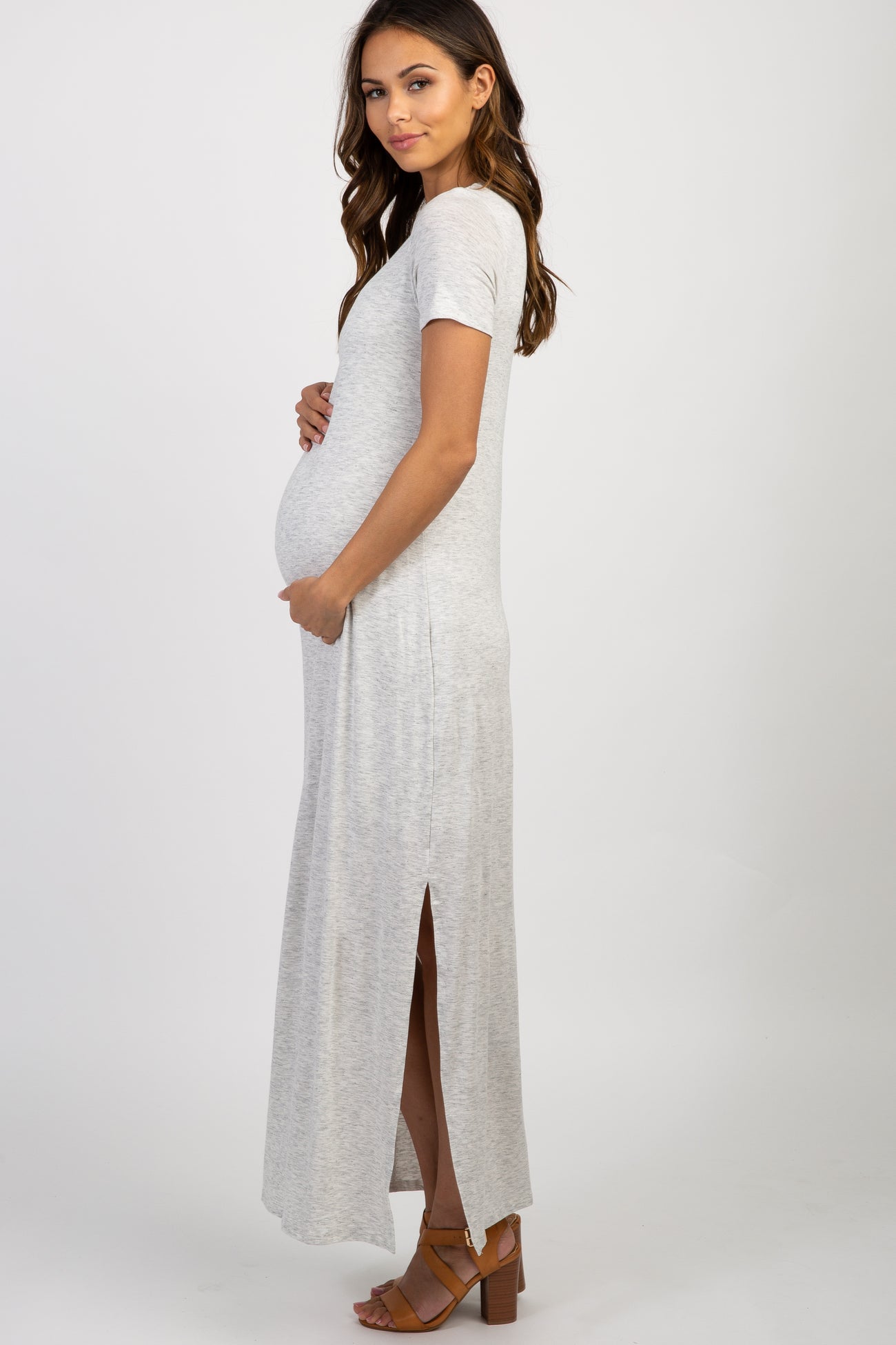 PinkBlush Grey Basic Side Slit Maternity Maxi Dress