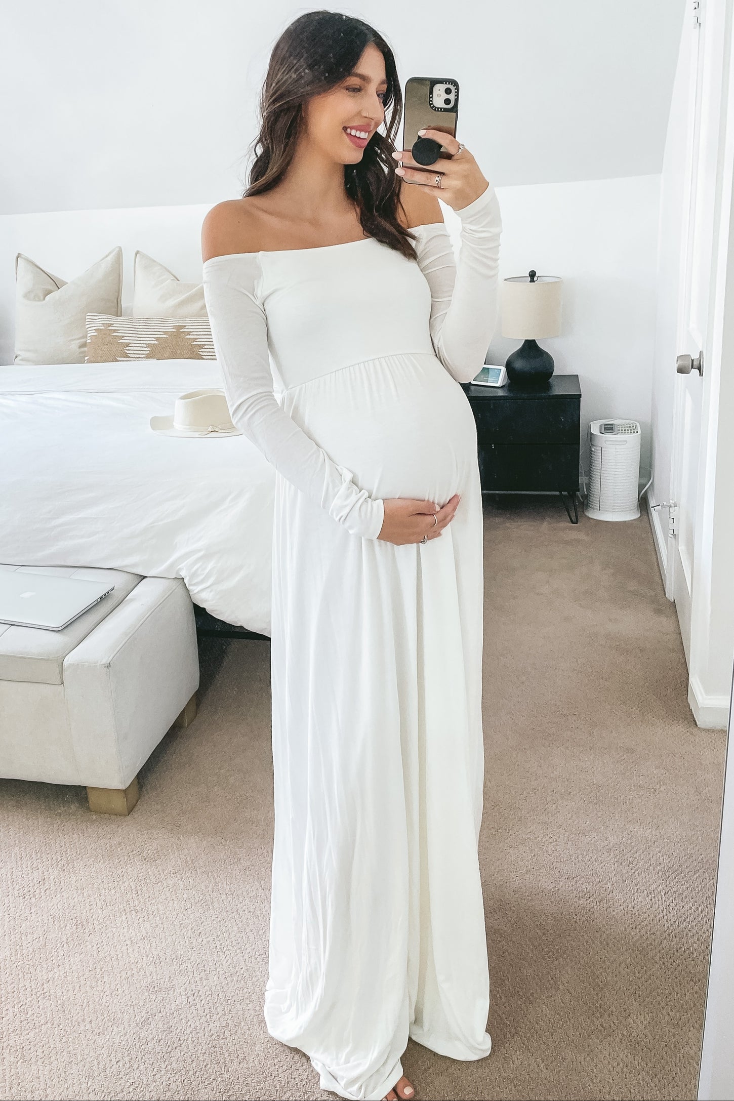 PinkBlush Ivory Solid Off Shoulder Maternity Maxi Dress