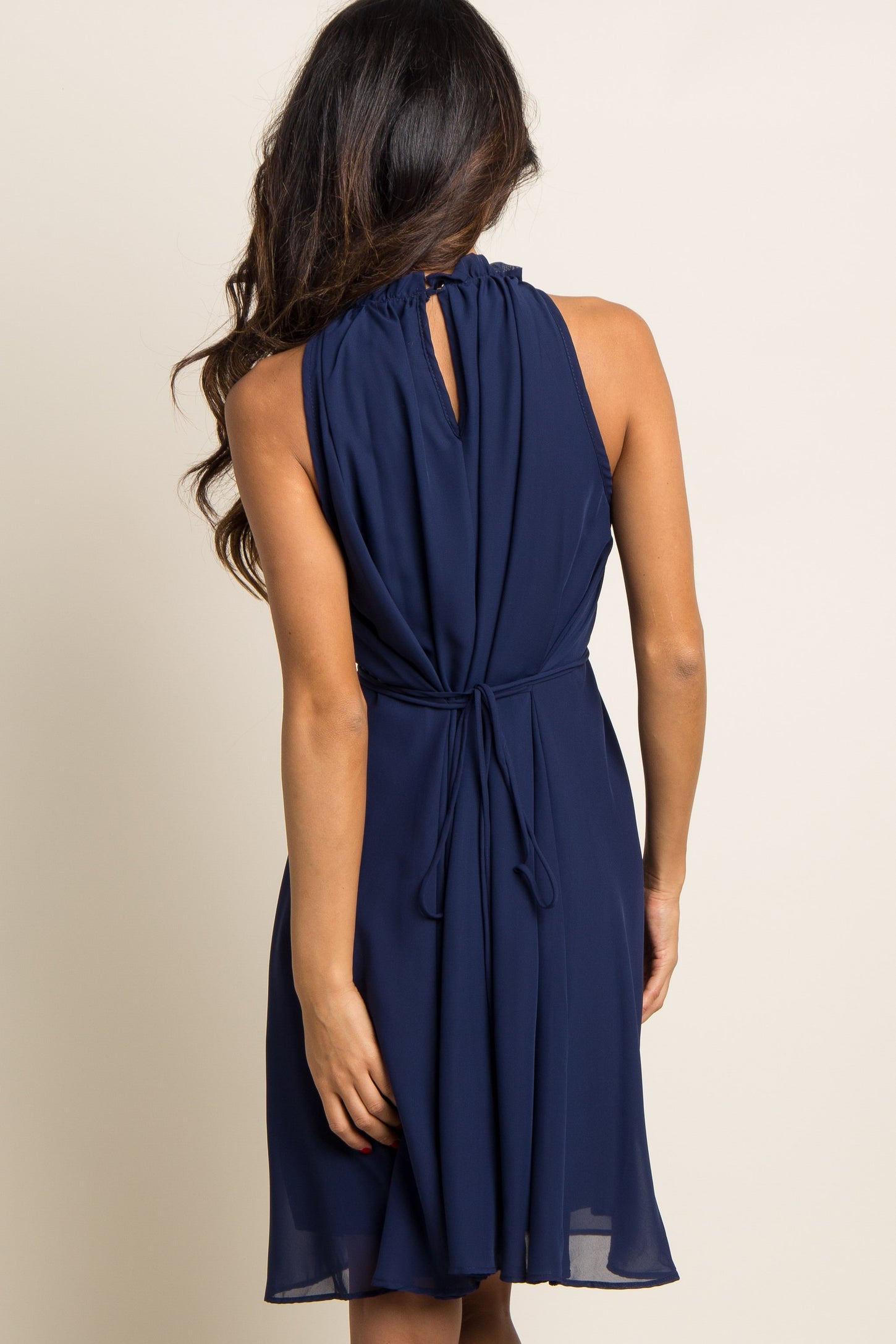 Navy Blue Chiffon High Neck Dress