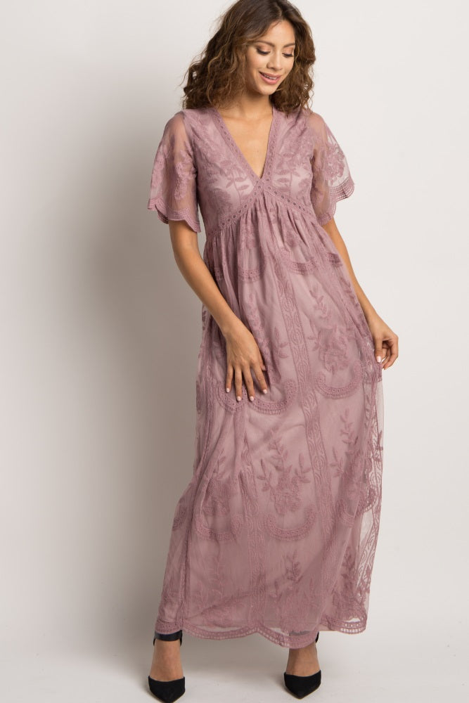 PinkBlush Mauve Lace Mesh Overlay Maternity Maxi Dress