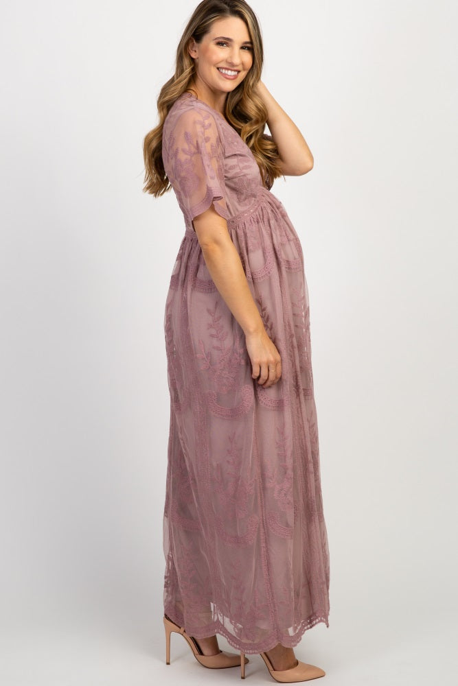 PinkBlush Mauve Lace Mesh Overlay Maternity Maxi Dress