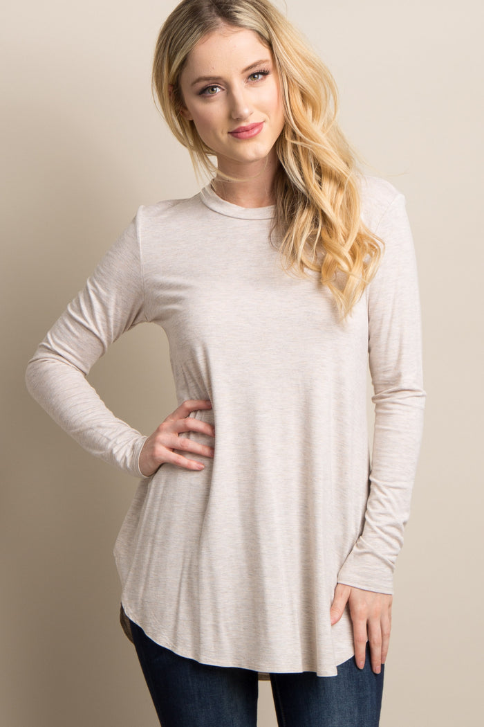 Beige Basic Long Sleeve Maternity Top