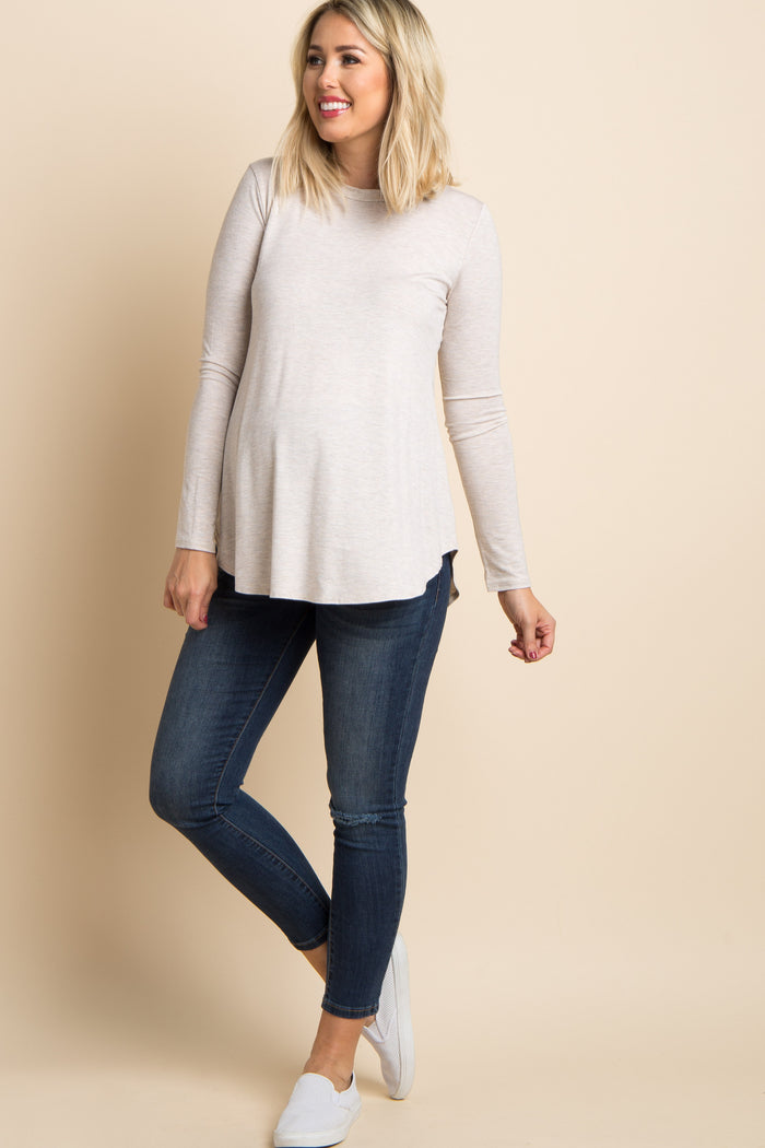 Beige Basic Long Sleeve Maternity Top