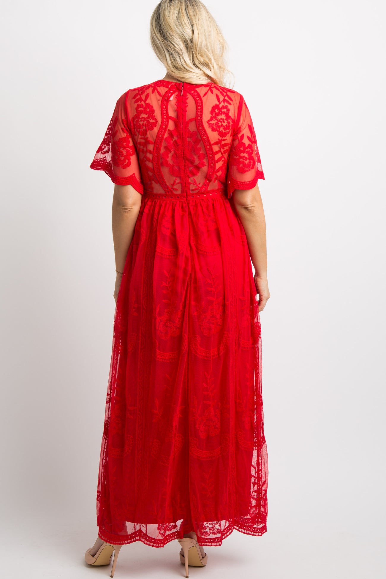 PinkBlush Red Lace Mesh Overlay Maternity Maxi Dress