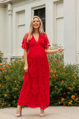 PinkBlush Red Lace Mesh Overlay Maternity Maxi Dress