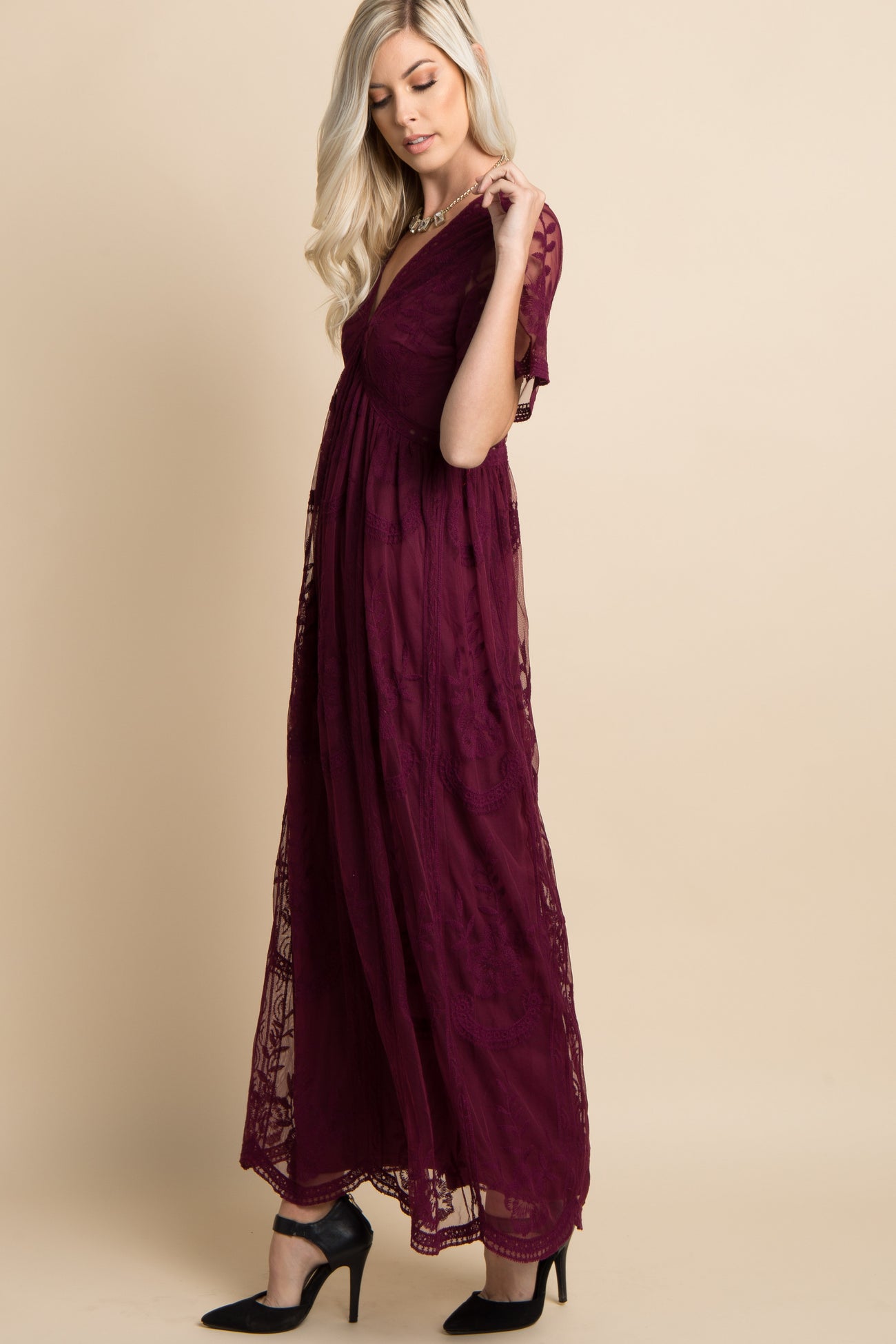 Burgundy Lace Mesh Overlay Maxi Dress