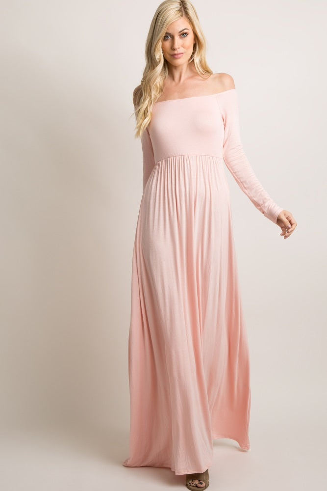 PinkBlush Pink Solid Off Shoulder Maternity Maxi Dress