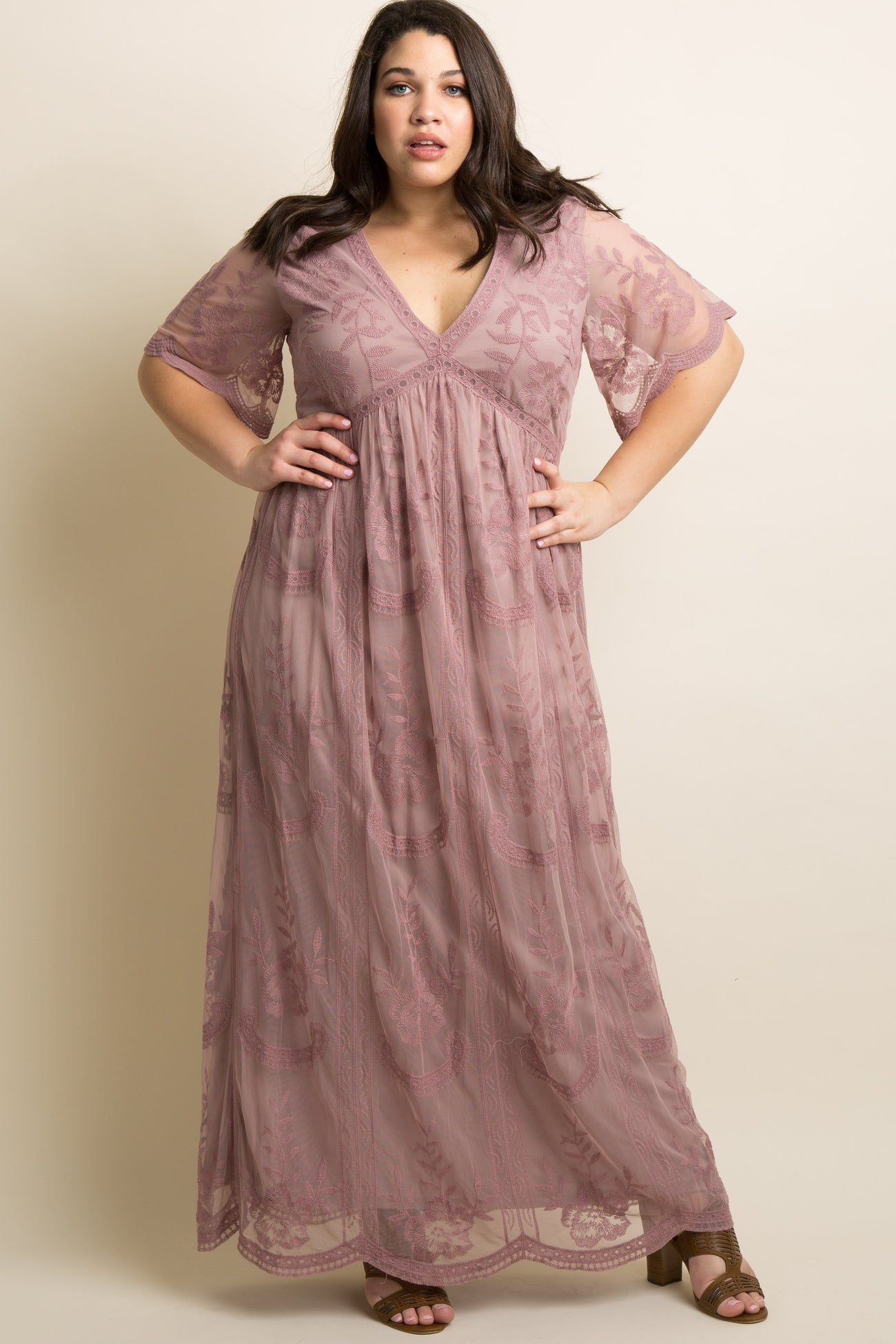 PinkBlush Mauve Lace Mesh Overlay Plus Maxi Dress