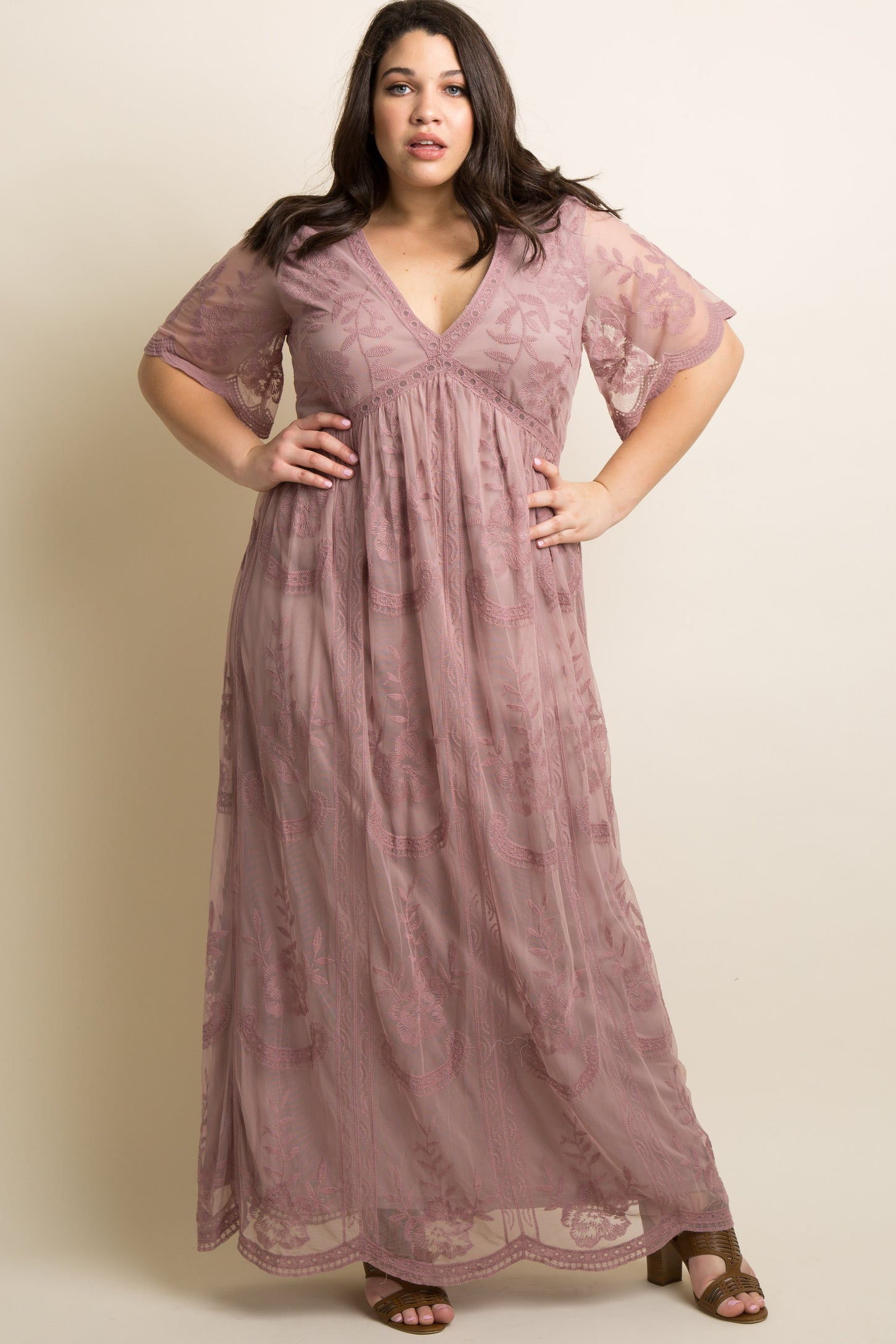 PinkBlush Mauve Lace Mesh Overlay Plus Maxi Dress