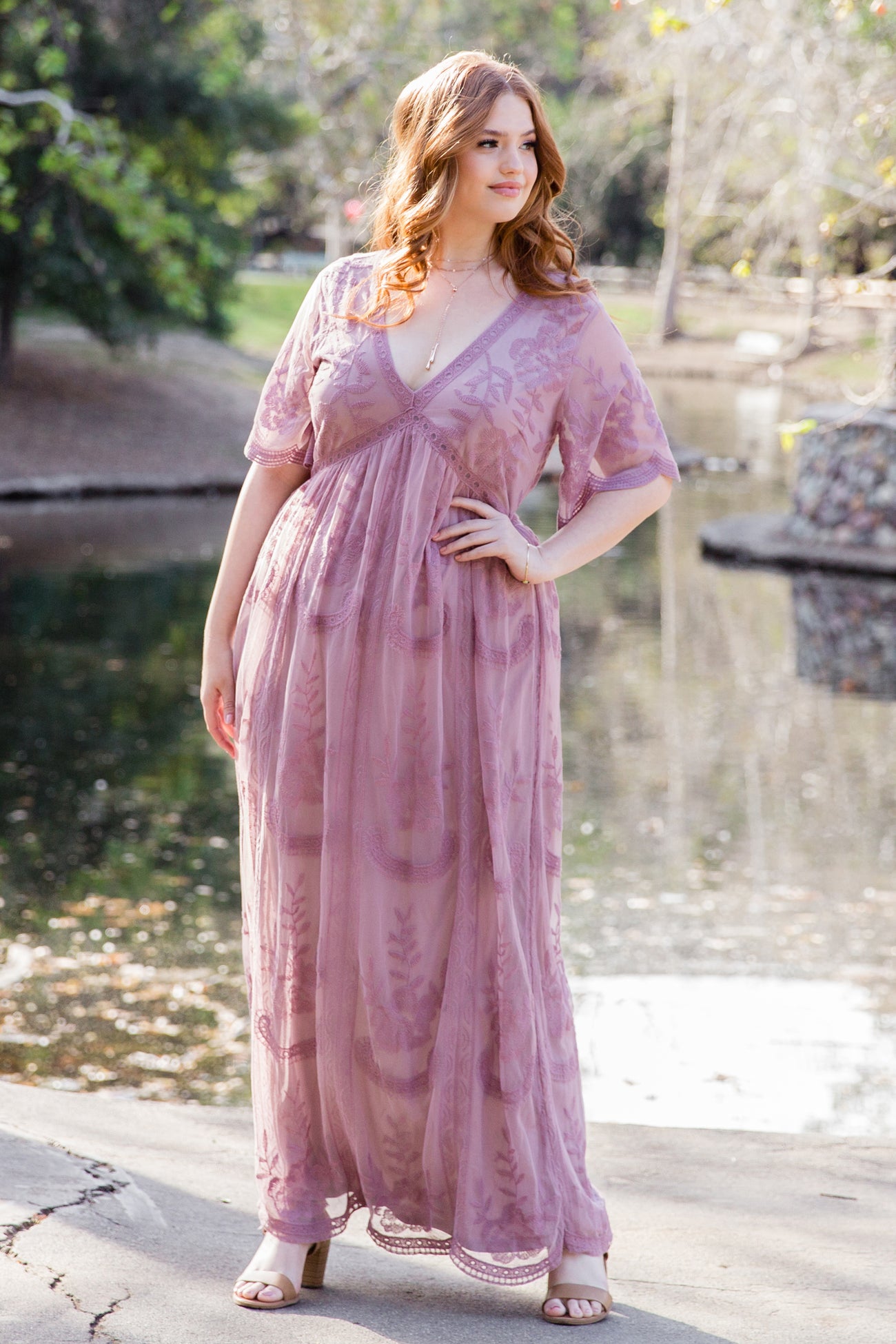 PinkBlush Mauve Lace Mesh Overlay Plus Maxi Dress