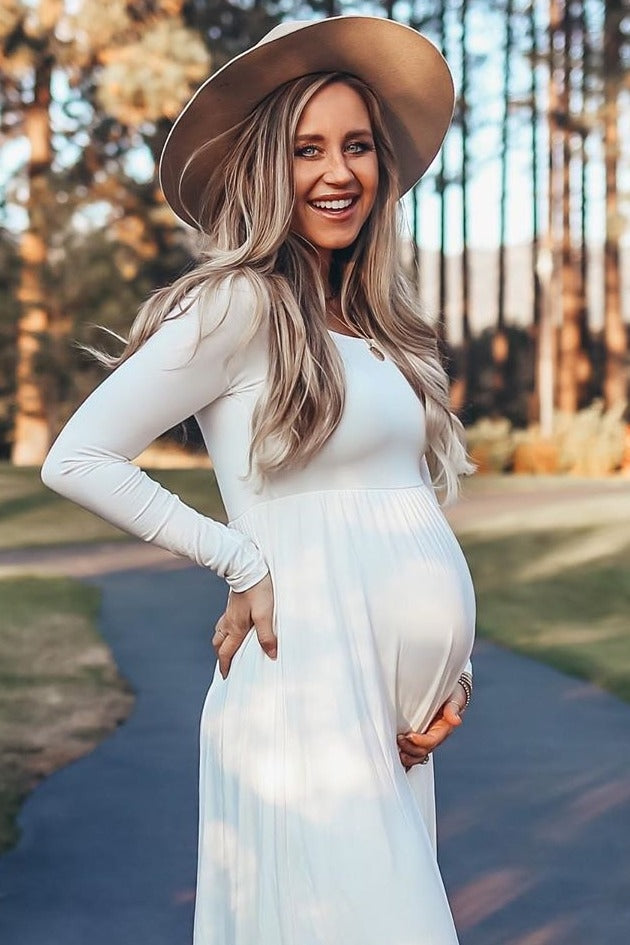 PinkBlush Petite Ivory Solid Off Shoulder Maternity Maxi Dress