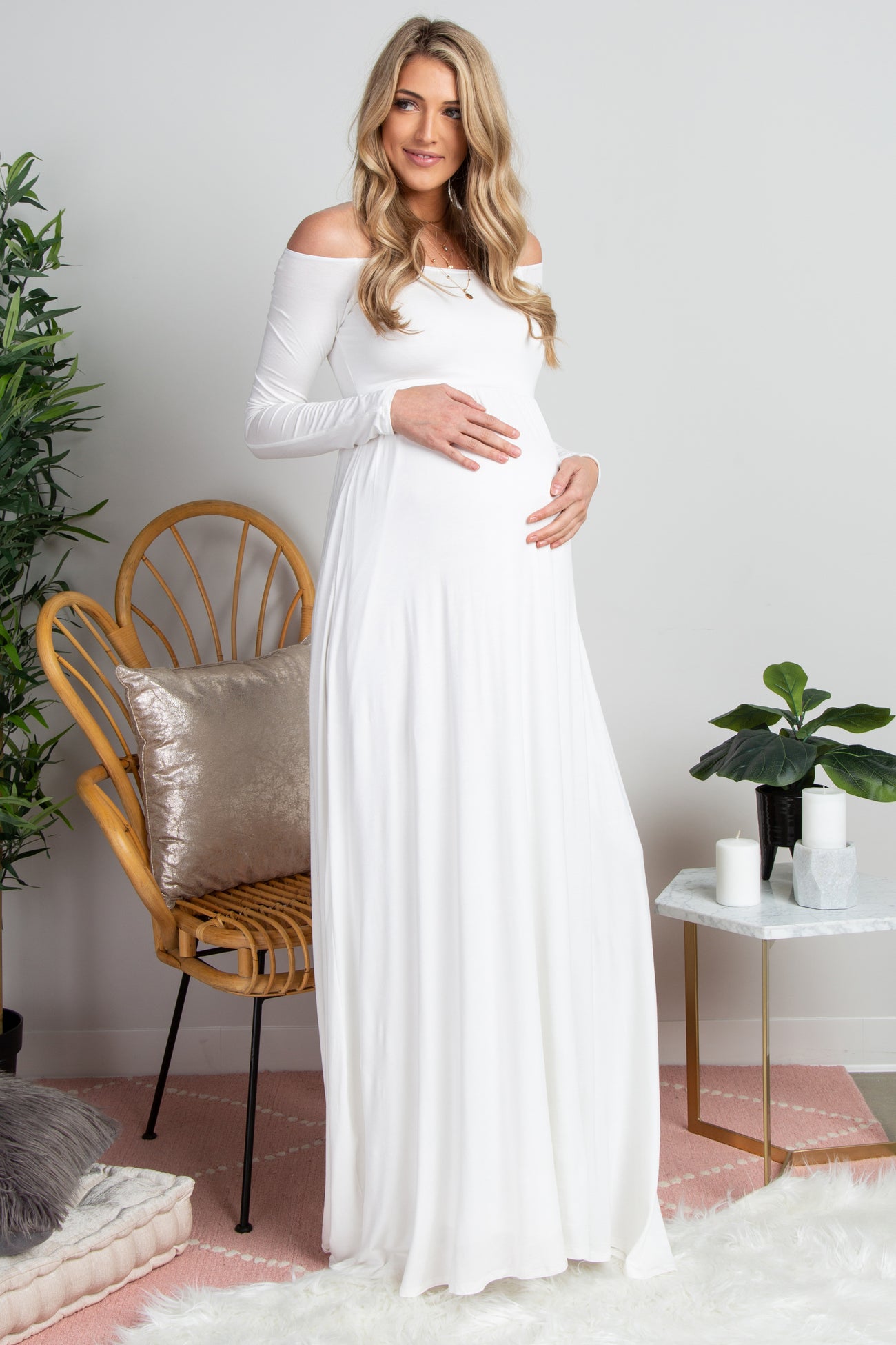 PinkBlush Tall Ivory Solid Off Shoulder Maternity Maxi Dress