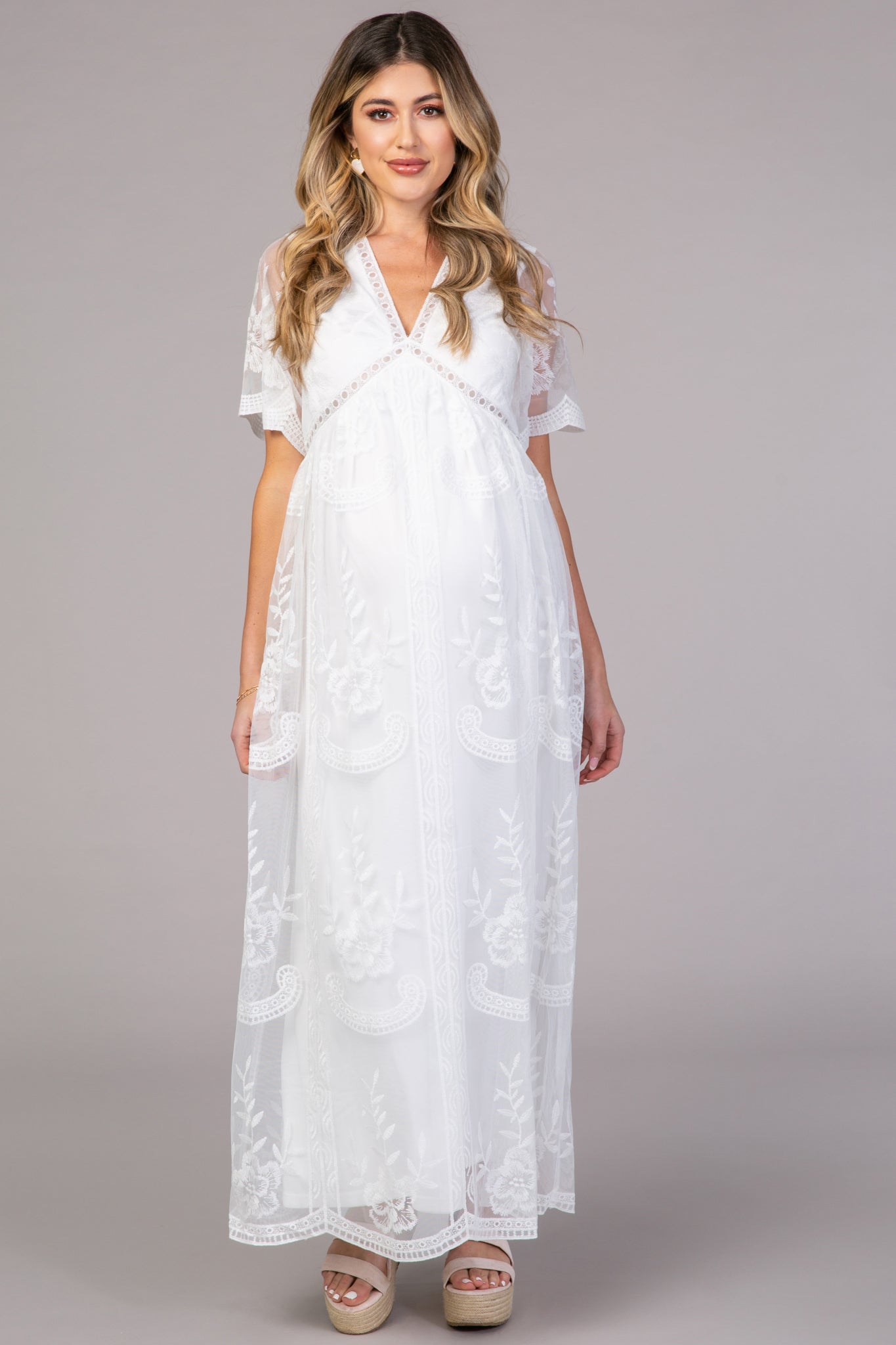 PinkBlush White Lace Mesh Overlay Maternity Maxi Dress
