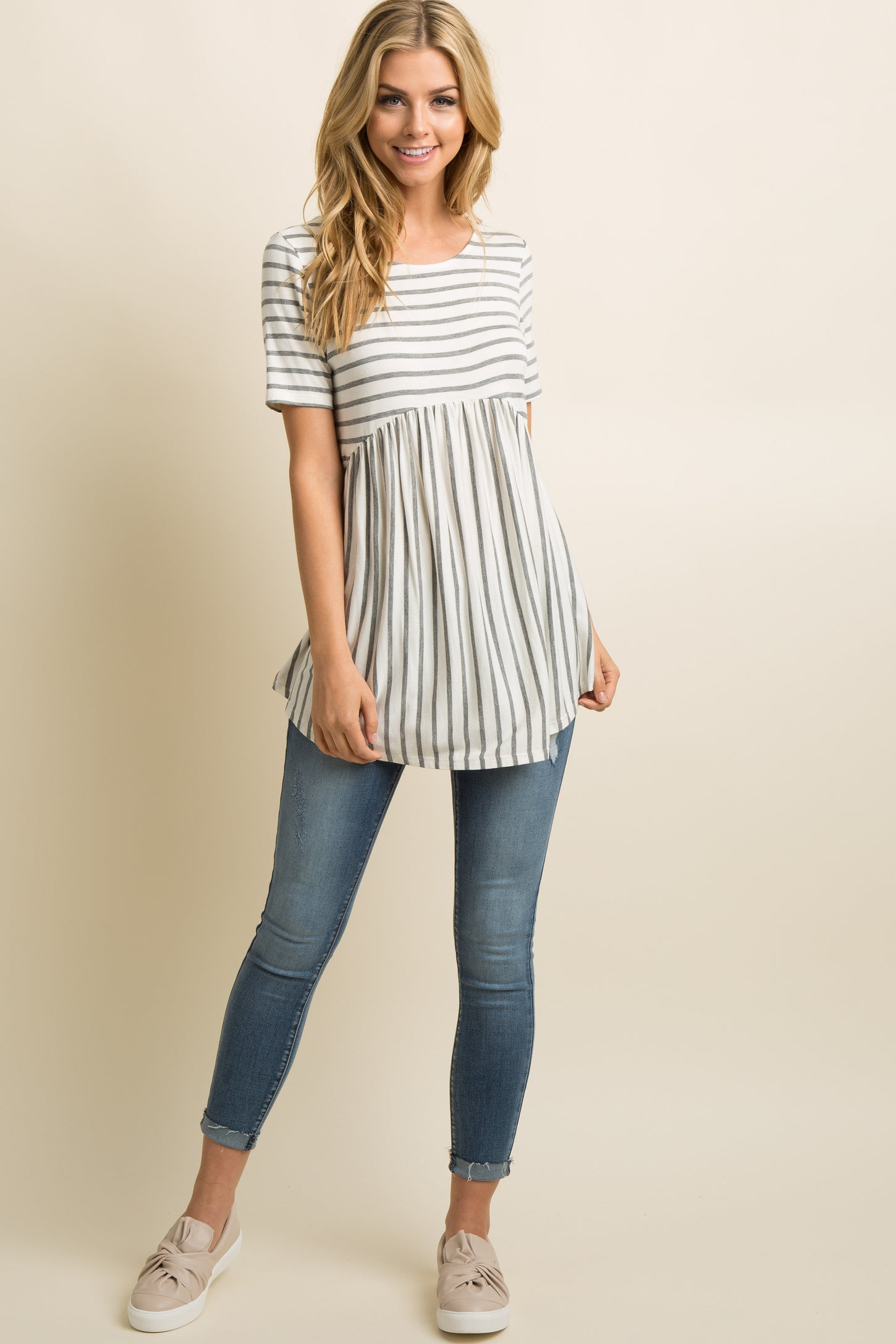 PinkBlush Grey Striped Crisscross Back Peplum Top