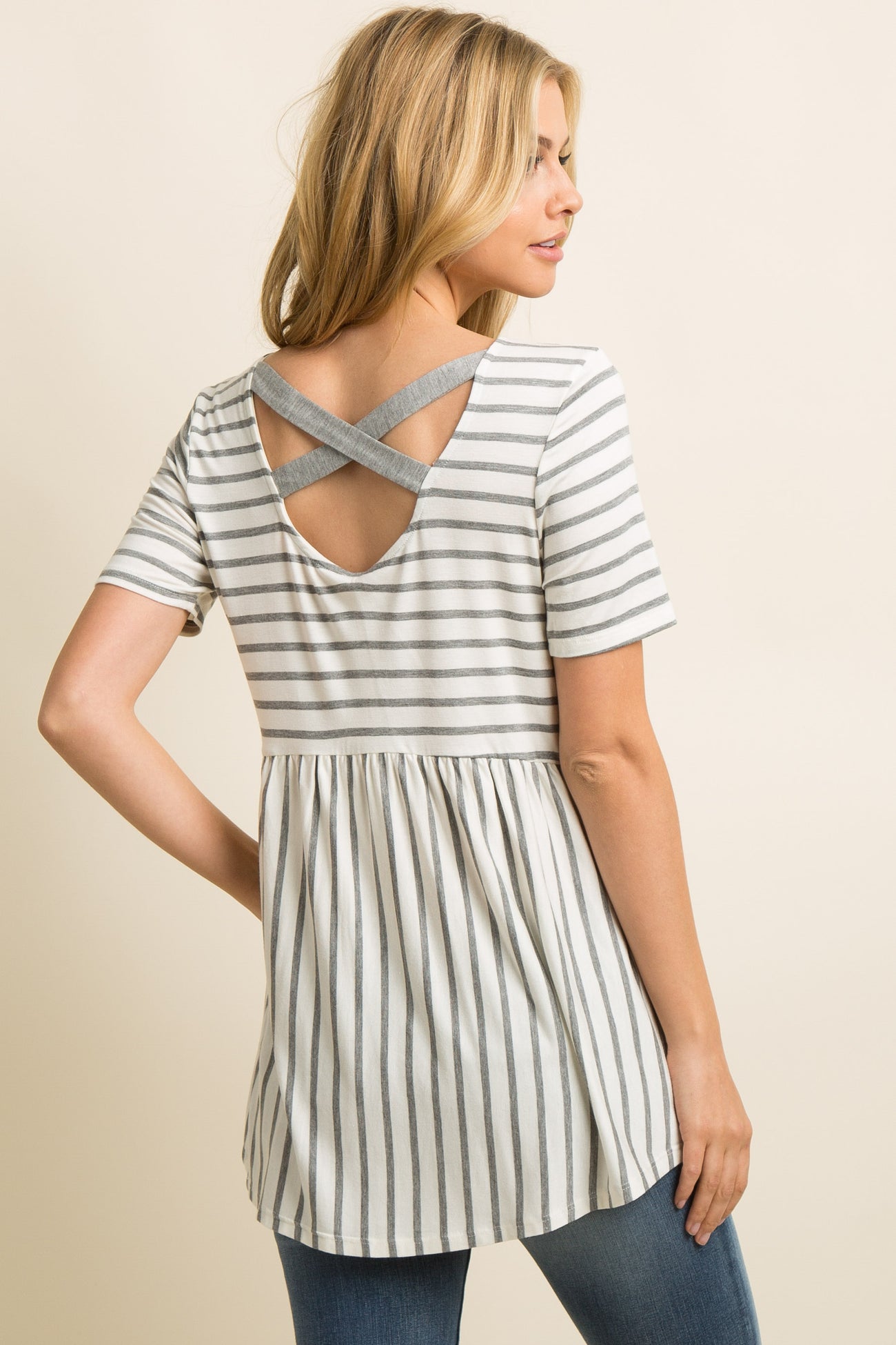 PinkBlush Grey Striped Crisscross Back Peplum Top