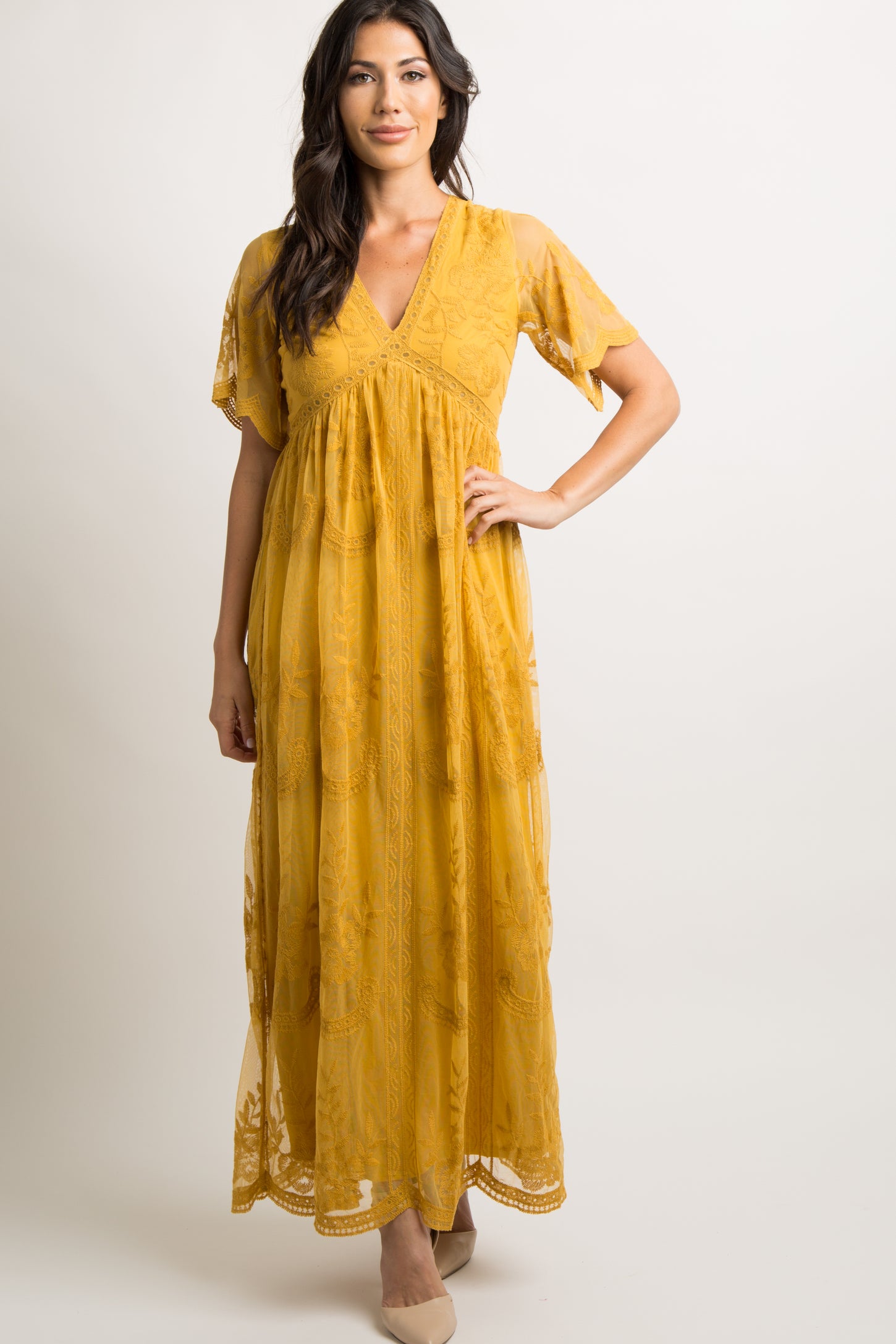 PinkBlush Mustard Lace Mesh Overlay Maternity Maxi Dress