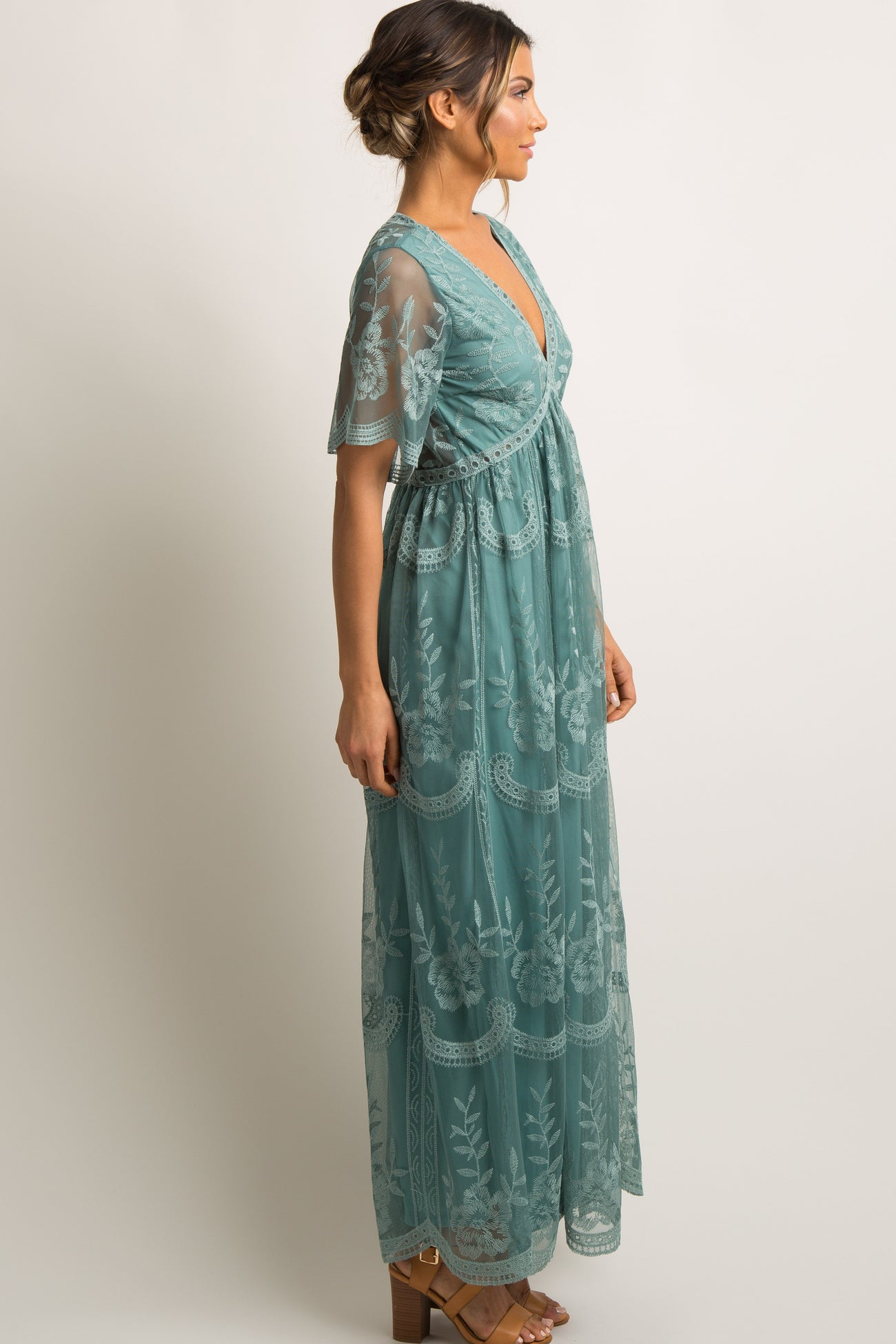 Sage Lace Mesh Overlay Maxi Dress