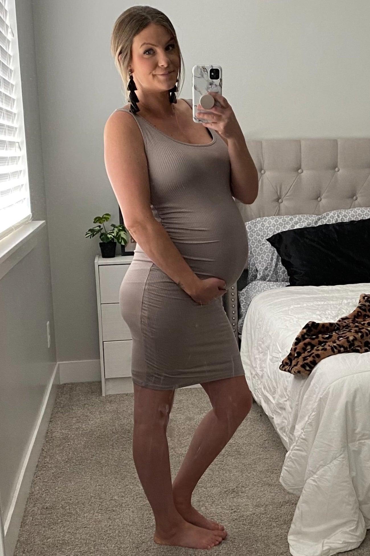 PinkBlush Mocha Ribbed Ruched Sleeveless Maternity Dress