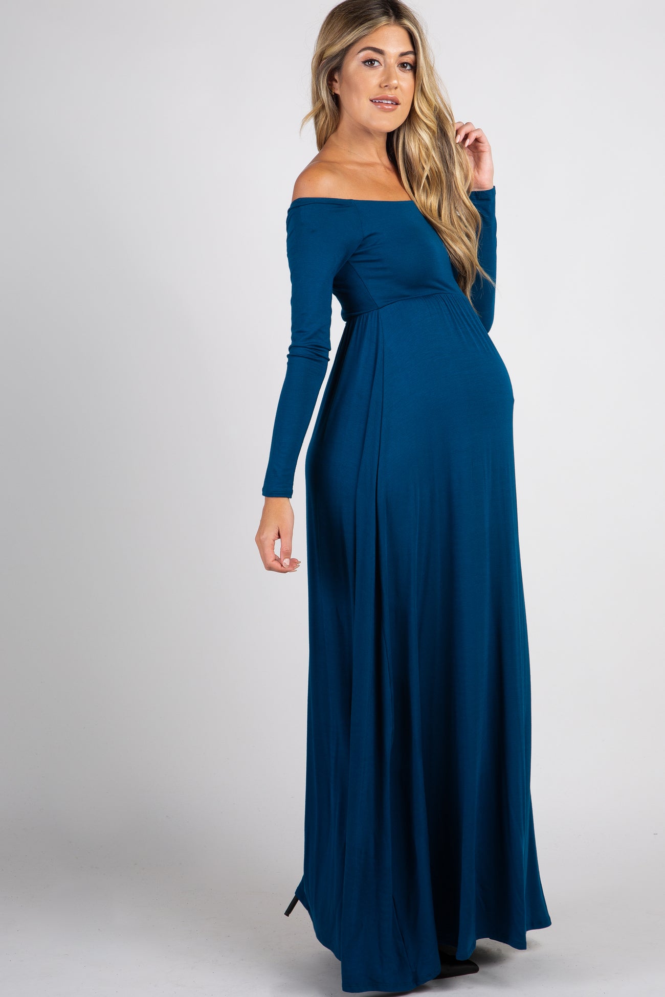 PinkBlush Dark Teal Solid Off Shoulder Maternity Maxi Dress