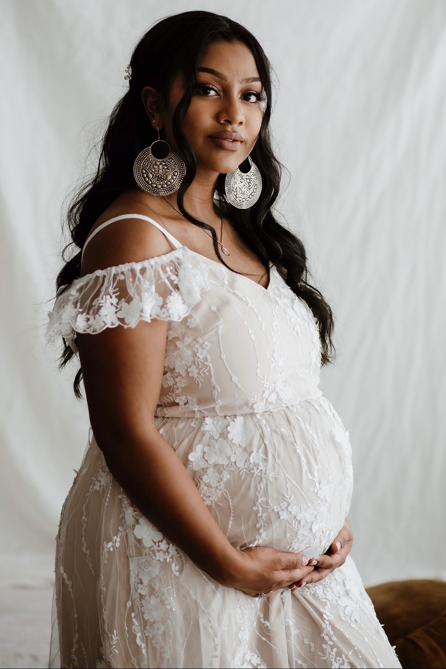 Ivory Floral Embroidered Mesh Maternity Evening Gown