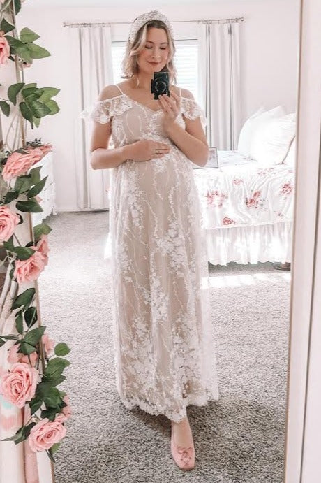 Ivory Floral Embroidered Mesh Maternity Evening Gown