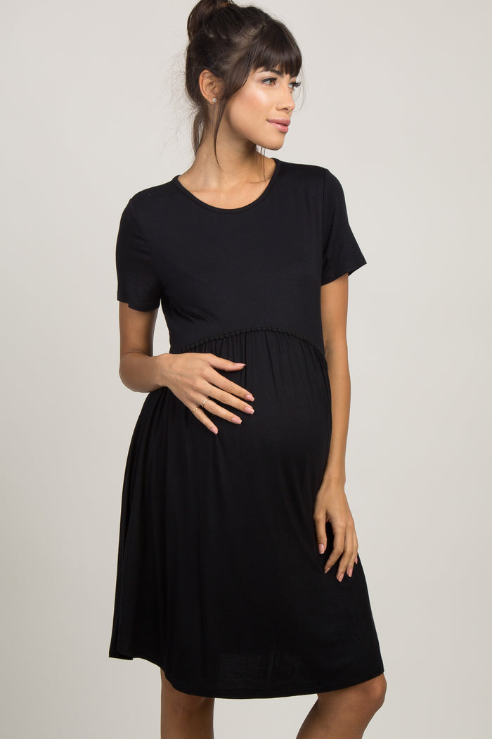PinkBlush Black Solid Crochet Trim Maternity Shift Dress